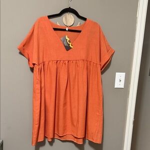 Orange V-Neck Short Sleeve Dress
